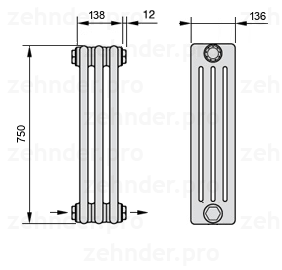 Схема (чертеж) Радиатор Zehnder Charleston 4075/3 №2670 Белый глянцевый RAL 9016